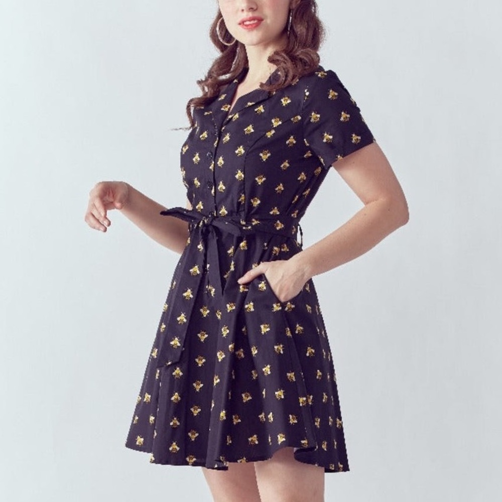 EVA ROSE Black Bumblebee Bee Retro Short Sleeve Shirt Dress Pockets